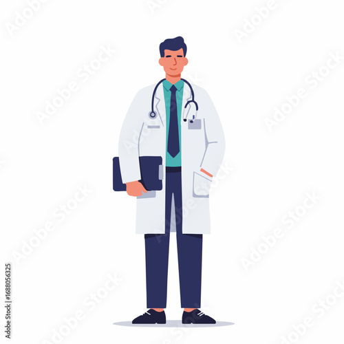 Confident male doctor in a white coat with a stethoscope and clipboard. Friendly healthcare professional character, isolated vector illustration