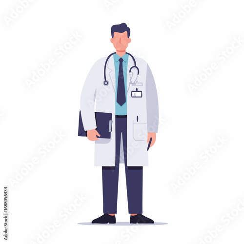 Portrait of a friendly female nurse or doctor in blue scrubs with a stethoscope, offering medication on a tray. Vector illustration of a healthcare worker