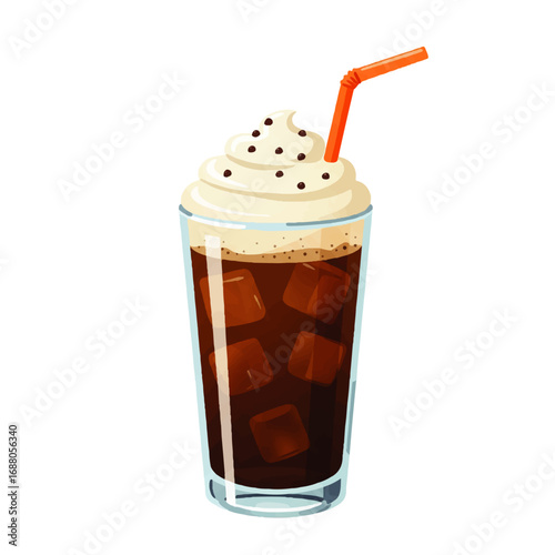 Refreshing Iced Coffee with Whipped Cream and Straw.