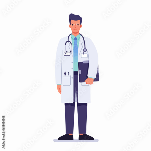 Illustration of a doctor in a white coat with a stethoscope, holding a folder, standing against a white background