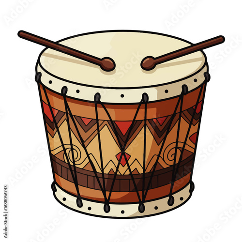 Traditional Tribal Drum with Drumsticks Cartoon Illustration.