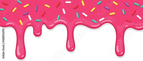Pink ice cream melted with colorful cute candy sprinkles