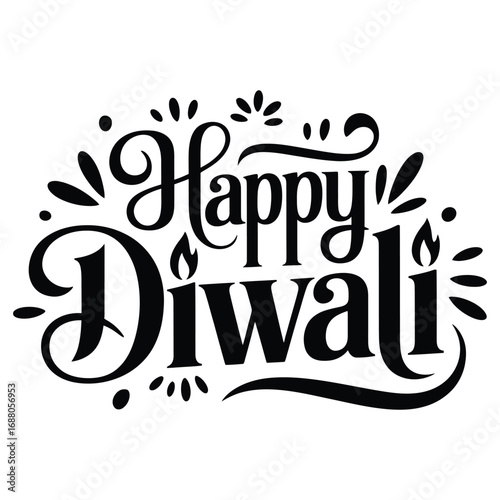 Elegant black and white calligraphy text for happy diwali celebration