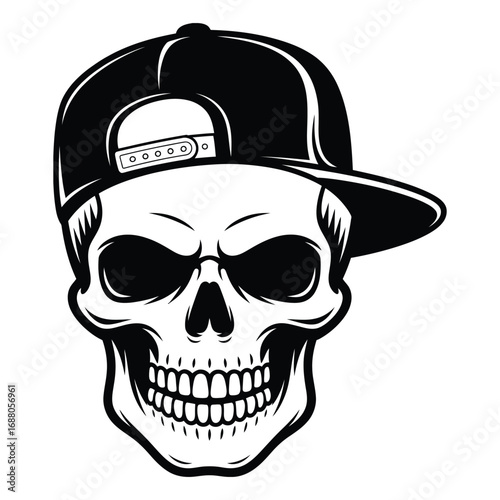 Stylized skull wearing a backward baseball cap in black and white