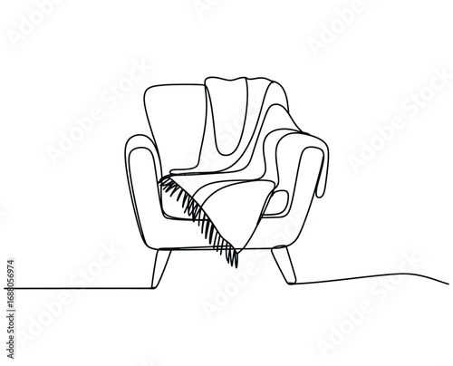 Minimalist continuous line drawing of a comfortable armchair with a draped blanket