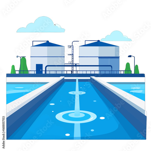 Water Treatment Plant Illustration with Blue Tanks Waterway and Clouds in Flat Design Style Environmental Conservation and Infrastructure Concept