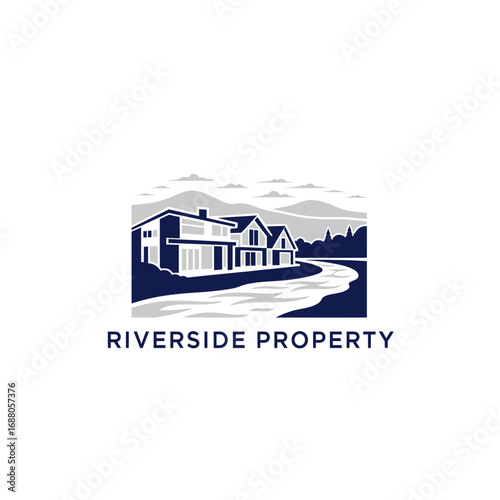 Riverside property buildings  mountains, logo design illustrtion