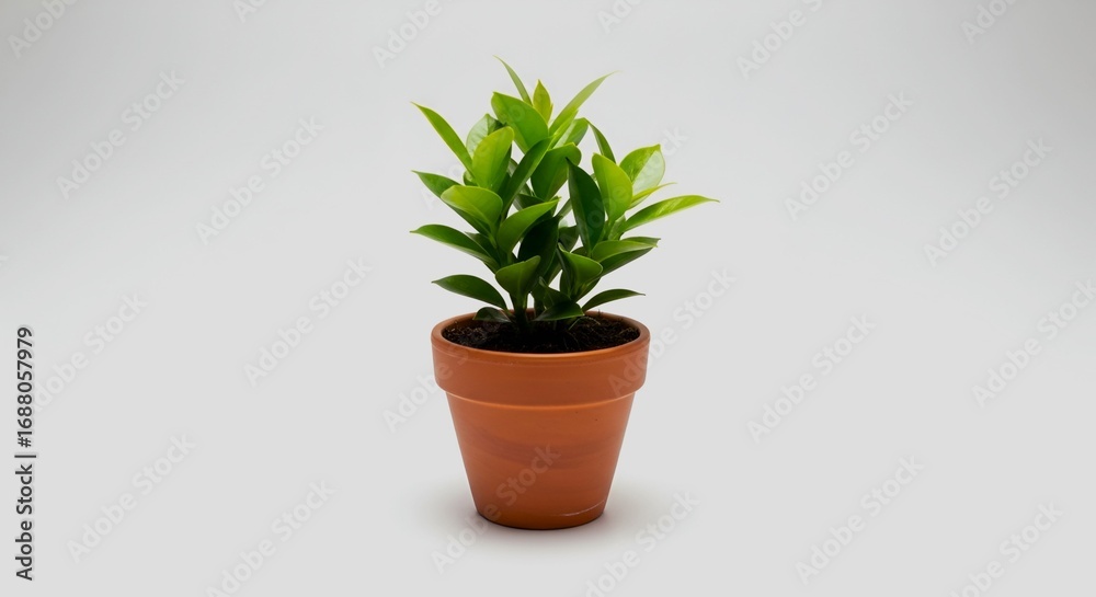 Fototapeta premium A small potted plant with bright green leaves on a white background in a terracotta pot centered