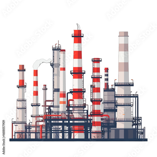 Industrial Complex with Red and White Striped Smokestacks Over White Background Isolated Isometric Vector Illustration of an Oil Refinery Plant