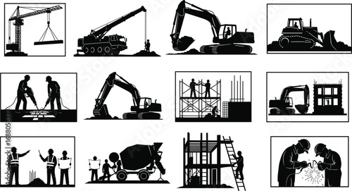 Construction site silhouettes, heavy machinery, crane, excavator, bulldozer, workers with jackhammers, scaffolding, concrete mixer, building construction, safety helmets