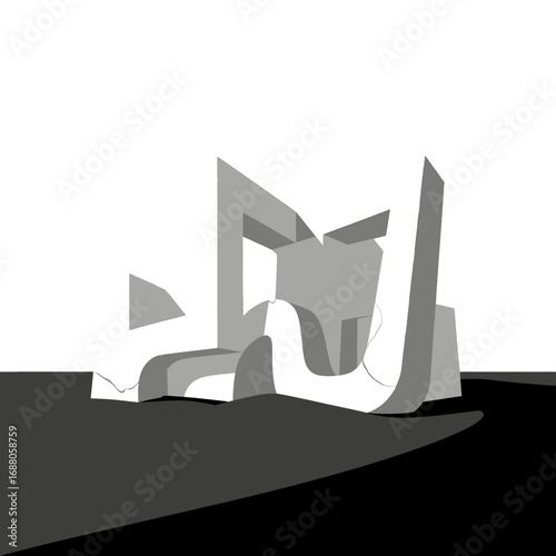 Abstract Gray Architectural Structure Against a White Background with Strong Shadows