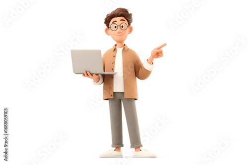 A male teacher standing confidently holding a laptop and pointing at it, tech education theme, 3d animation, isolated on a white background