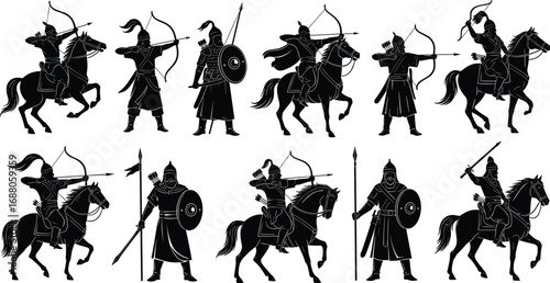 Medieval knights and archers on horseback, sword wielding warriors, spear fighters, historical battle silhouettes, ancient combat and warrior culture vector