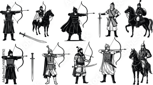 Medieval warriors with swords, bows, horseback archers, armor, historical soldiers, ancient battle poses, vintage combat, warrior silhouettes, mounted archery action