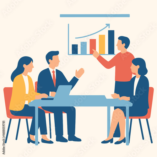 Business Strategy Meeting: A group of business professionals engaged in a collaborative meeting. A person uses a presentation to talk about increasing sales.