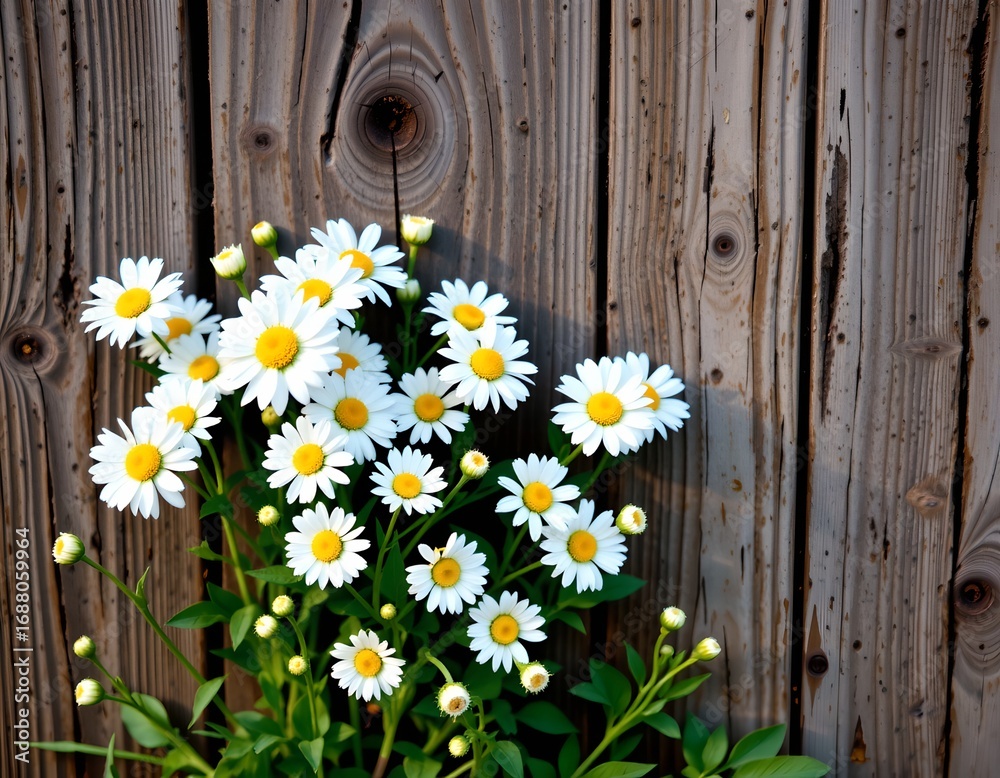Fototapeta premium A close up photograph of daisies with yellow centers in front of a wooden fence.