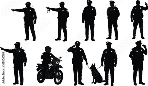 Police, officer, silhouette, vector, set, law, enforcement, patrol, dog, motorcycle, salute, handcuffs, arrest, command, duty, uniform, radio, security, policewoman, illustration
