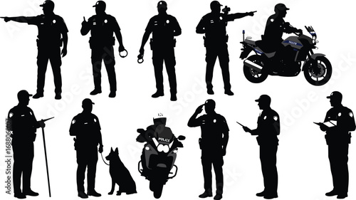Police, officer, silhouette, vector, set, handcuffs, salute, patrol, dog, motorcycle, clipboard, duty, security, radio, authority, justice, command, motorbike, enforcement, arrest
