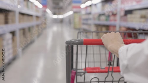 Close up candid hand of woman with shopping cart perspective in well-lit supermarket aisle, retail customer daily life grocery shopping journey, store interior consumer path purchase experience