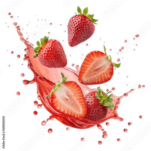 Strawberries splashing in juice isolated on transparent background