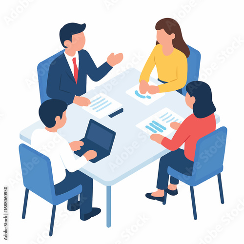Isometric Business Meeting: A dynamic isometric perspective showcases a productive business meeting, with professionals gathered around a table.