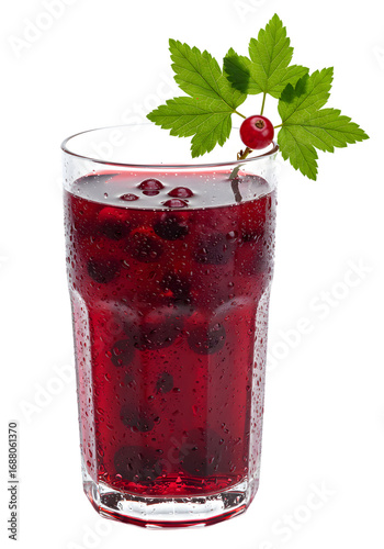 Isolated Drink With Red Berries In A Glass with green leaf and bubbles Photo