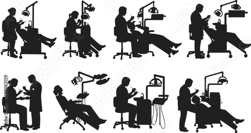 Silhouette vector illustration of dentist and dental patient with dental chair and equipment for dental clinic and healthcare design