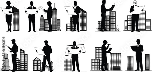 Silhouette vector illustration of architects and engineers reviewing blueprints and building plans with cityscape backgrounds for construction projects