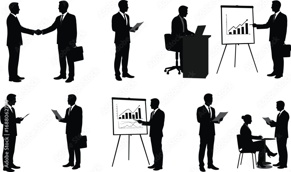 Fototapeta premium Silhouettes of business people shaking hands, discussing reports, presenting charts, working on laptops, corporate meeting, teamwork, office communication, professional business interaction