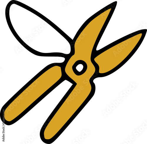 A simple, hand-drawn illustration of open, golden-yellow garden shears with bold black outlines on a white background.