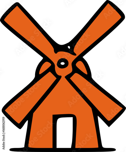 A simple, stylized illustration of an orange windmill with four blades and a doorway.