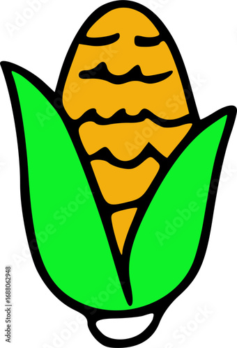 Cartoon drawing of an ear of corn with green husks.