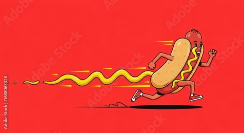 Cartoon hotdog character running fast with mustard trail on a red background