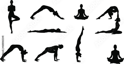 Silhouettes of women performing advanced yoga poses, meditation, balance, flexibility, strength, mindfulness, wellness, fitness, stretching, healthy lifestyle, calming exercises