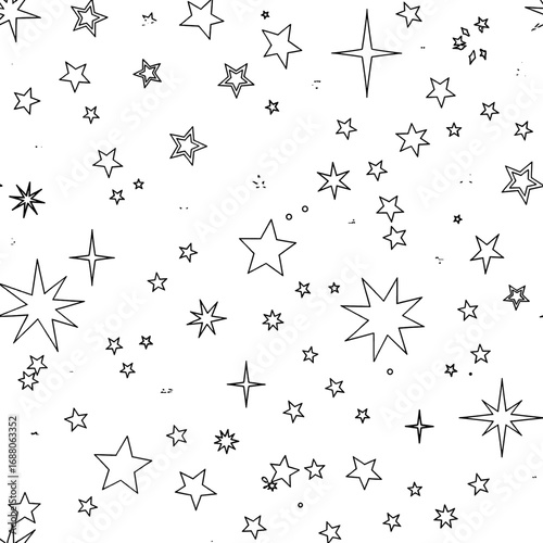 Starry White Background Seamless Pattern with Scattered Stars Shapes in Black Outlines for Decorative Design or Festive Occasion Use