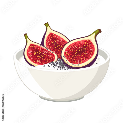 Pixel Art Illustration of Figs in White Bowl with Yogurt Featuring Red and Purple Fruit on a White Background for Culinary and Healthy Eating Themes