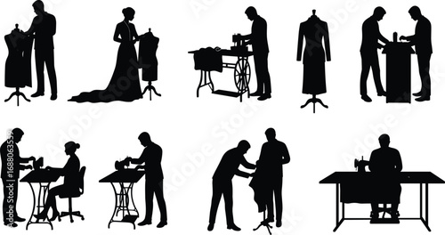 Tailor and seamstress silhouette vector illustration working with mannequins, sewing machines, fabric, and designing clothes in workshop scene.
