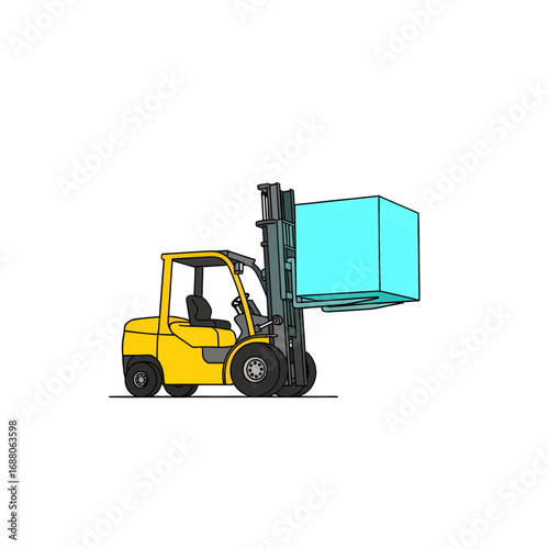 Yellow Forklift Lifting a Blue Box on a White Background in Flat Style Isolated Heavy Equipment Industrial Transportation Object