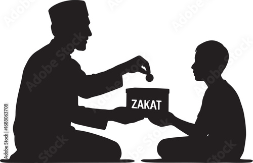 Silhouette of man in kufi giving coin to another man for zakat donation box islam charity