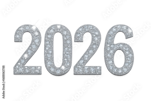 Sparkling silver glitter 2026 new year sign on transparent background
