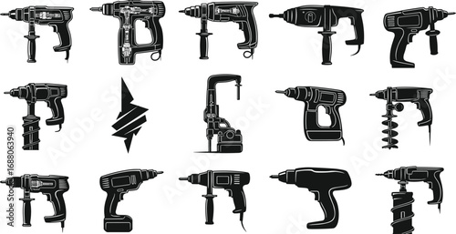 Vector illustration of various electric drills, cordless drills, power drills, drilling tools, industrial hand tools, and drill machine silhouettes