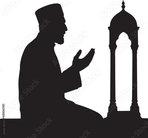 Black silhouette of a man in a cap praying with hands raised next to an Islamic dome structure muslim