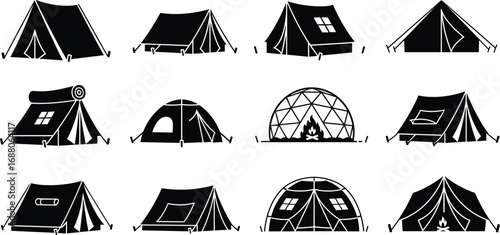 Vector collection of camping tents icons with various designs including dome, geodesic, classic, and campfire tents for outdoor adventure