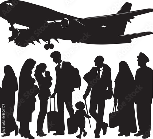 Black silhouette of an airplane flying above a diverse group of people with luggage aircraft travel
