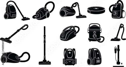 Vector illustration set of vacuum cleaners in various designs and models for cleaning services, home appliances, and housework concepts.