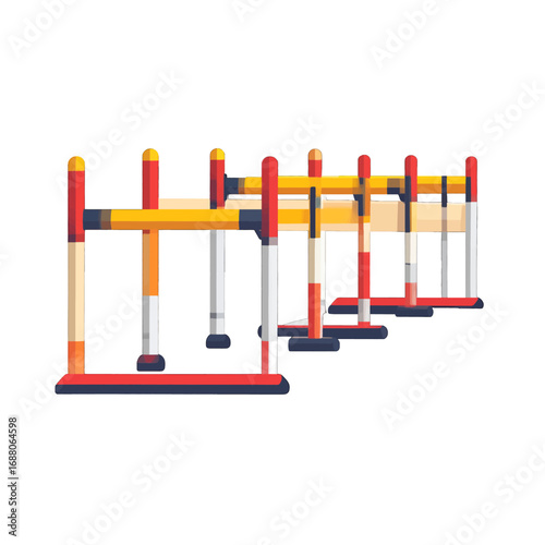 Row of Red and Yellow Training Hurdles for Athletics on White Background