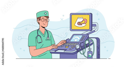 Doctor performs an ultrasound on an unborn baby. Suitable for medical and pregnancyrelated designs. Baby ultrasound scan picture.