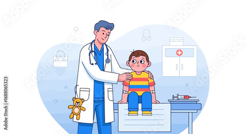Doctor examining boy on hospital examination table. Suitable for medical or pediatric healthcare concepts in advertising, web design, and articles.