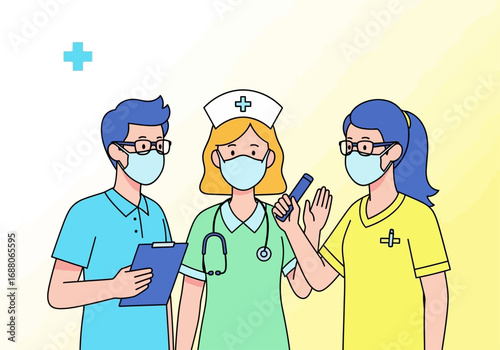 Three healthcare workers in masks, holding clipboards and thermometers. Ideal for medical, healthcare, pandemic, or professional concepts in designs.