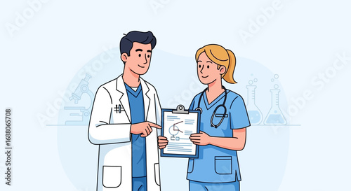 Medical professionals discussing patient records in hospital setting. Suitable for healthcarerelated designs, medical website content, educational materials, and healthcare brochures.